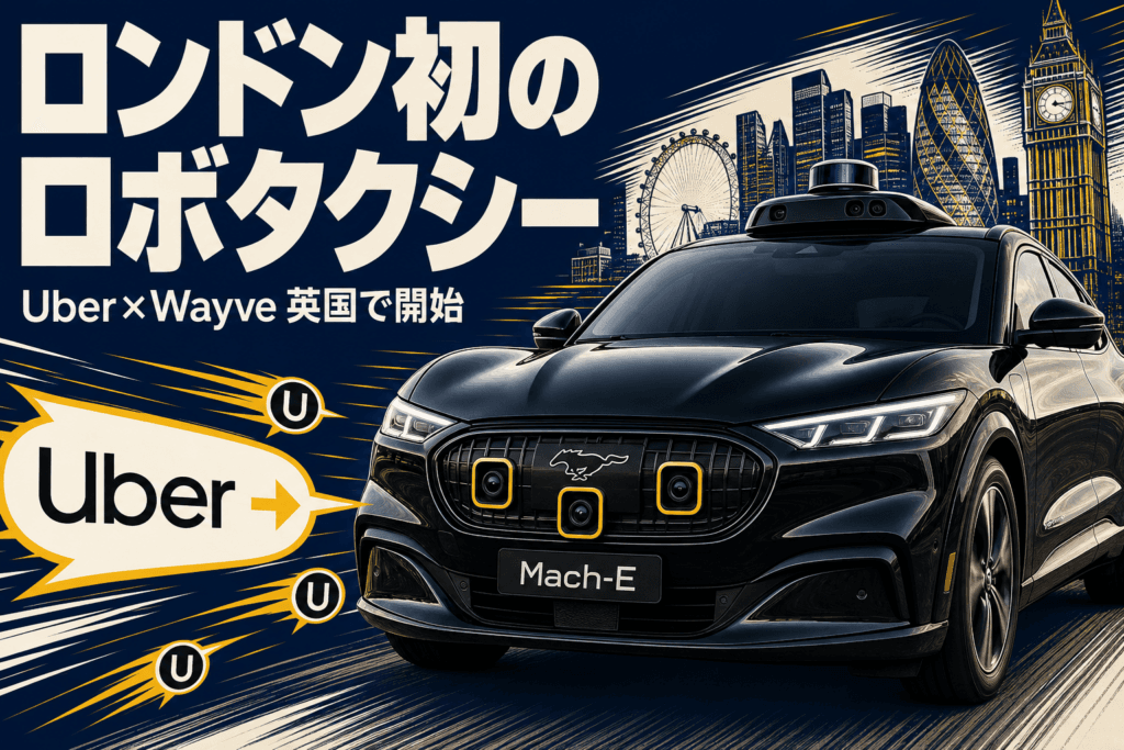 UberとWayveがロンドンで開始した英国初のロボタクシーサービス。フォード・マスタング Mach-Eを使用し、追加料金なしで14万人以上が利用登録済み。
