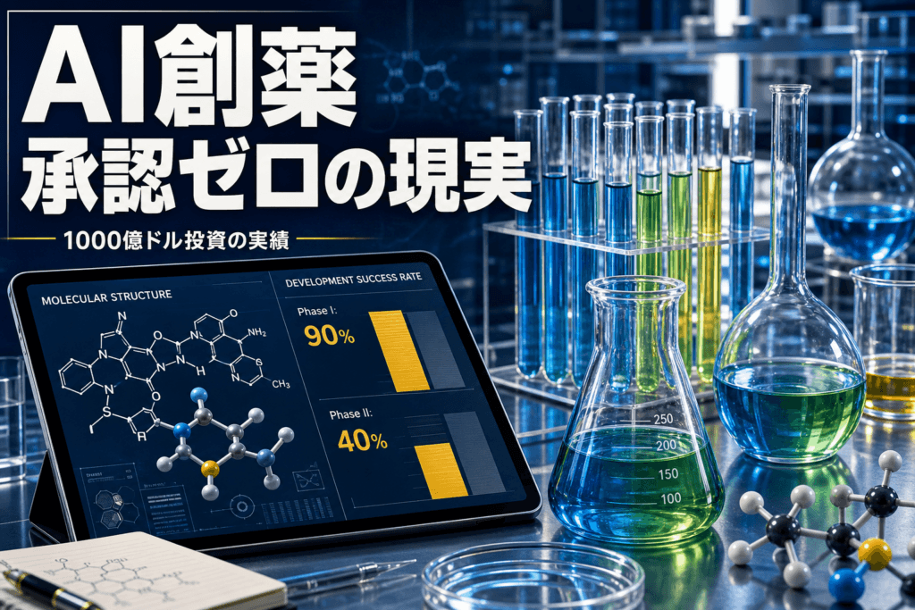 AI創薬の実績と課題を検証。2026年時点で承認薬はゼロだが、Phase I成功率は90%。期待と現実のギャップを解説