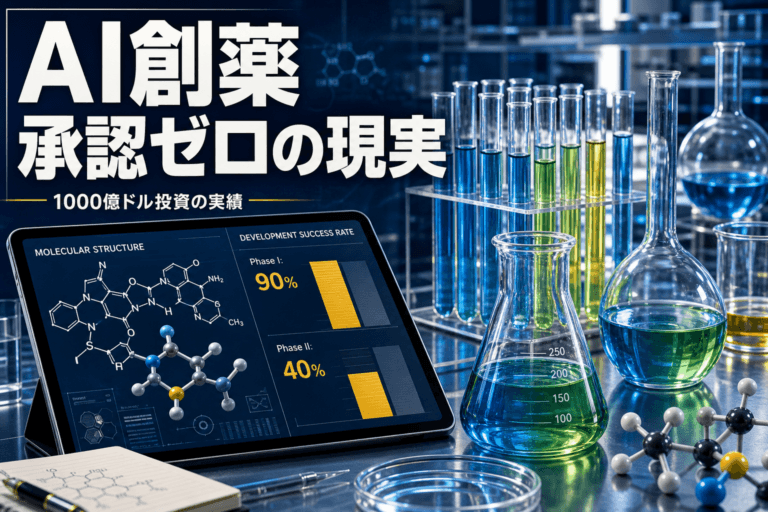 AI創薬の実績と課題を検証。2026年時点で承認薬はゼロだが、Phase I成功率は90%。期待と現実のギャップを解説
