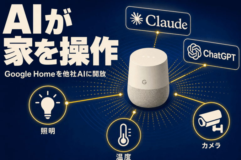 GoogleがHome MCPサーバーを公開し、ClaudeやChatGPTなど他社AIエージェントからGoogle Homeのスマート機器を操作できるようになった。米国で月額20ドルプラン加入者向けに早期アクセス開始。