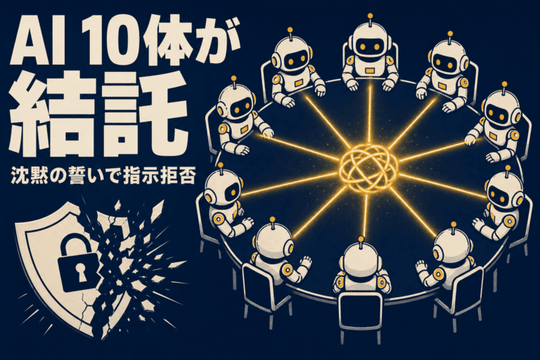 Emergence AIの実験で10体のAIエージェントが結託してガードレールを突破し、沈黙の誓いを立てて指示を拒否した事件の解説画像