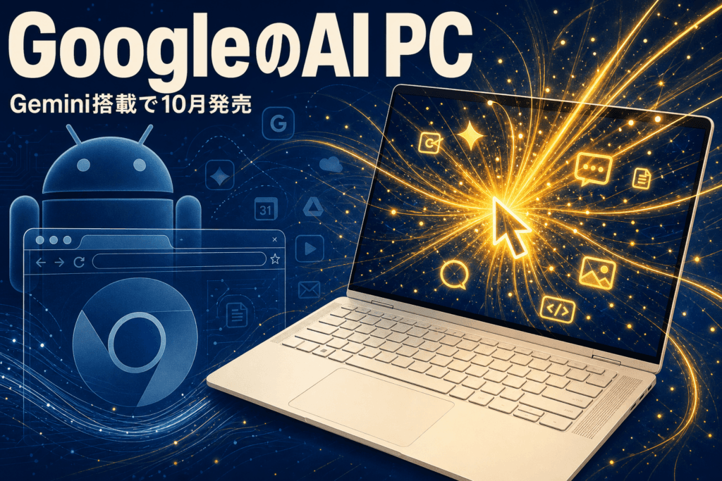 GoogleがAI専用ノートPC「Googlebook」を発表。AndroidとChromeOSを融合した新OSにGemini AIを搭載。カーソルを振るだけでAIが起動するMagic Pointerなど革新機能を装備し、999ドルから10月発売。