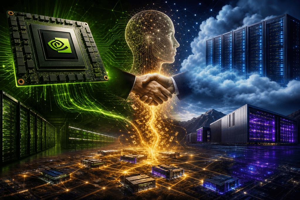 Anthropic が Lambda と350億ドルのクラウド契約を締結。NVIDIA が関わる三層構造の AI インフラ取引を示すイメージ