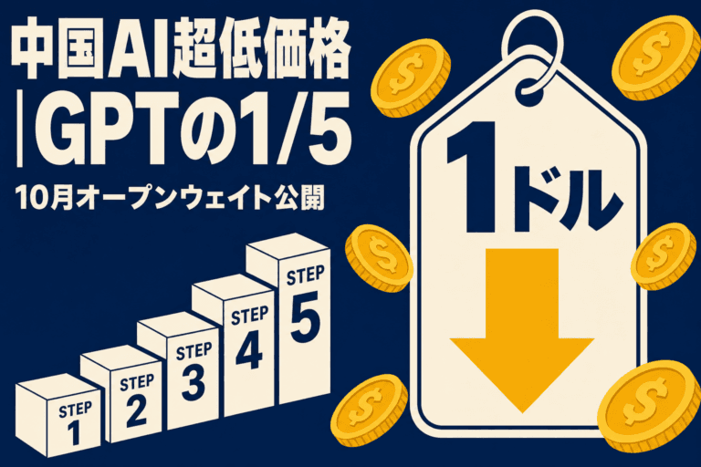 中国StepFunが発表したStep 5 Previewは、GPT-4oの5分の1という超低価格で600億パラメータのスパースMoEを実現。10月15日にオープンウェイトとして公開予定で、日本企業のAI導入コストを大幅削減する可能性がある。