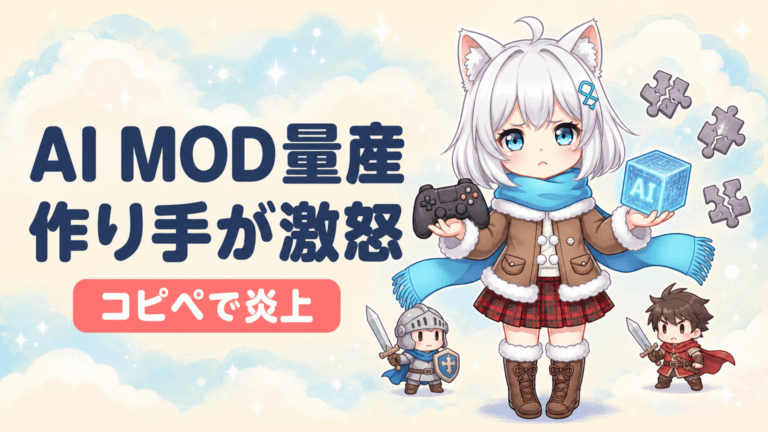 Claude Opus 5.5を使ったゲームMOD量産とMOD制作者の反発を解説。AI生成マッシュアップMODの問題点と著作権リスク、ゲーム創作文化への影響について。