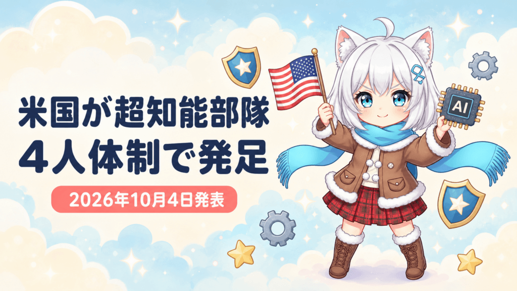 2026年10月4日、トランプ大統領がAI政策を調整する超知能部隊の設立を発表。議長はクレイトン国家情報長官で、金融規制の専門家。規制よりも中国との競争を優先する方針で、専門家からは懸念の声も。日本企業は政策変動リスクと州ごとの規制の違いに注意が必要。