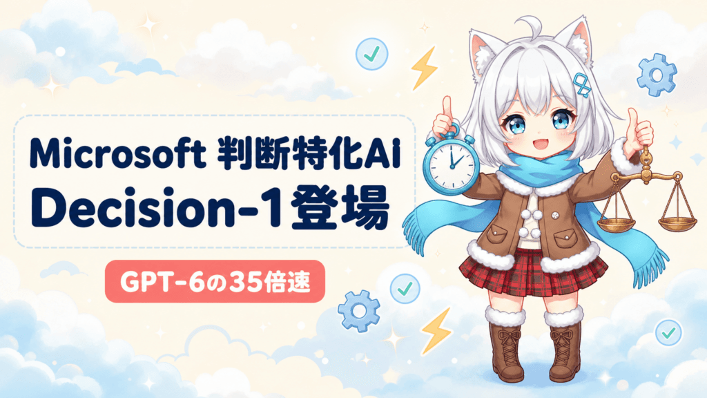 Microsoftが発表した判断特化AIモデル「Microsoft-Decision-1」は、文章を生成せず確率スコアを返す新タイプのモデル。GPT-6 Solの35倍速でコストも大幅削減。カスタマーサポートやAIエージェント分野での活用が期待される。