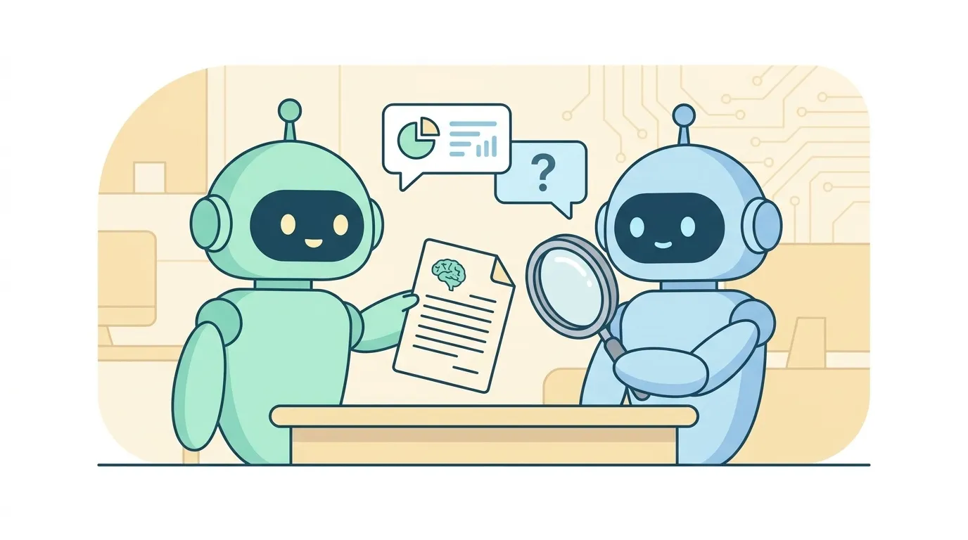 2体のAIロボットが原稿を見せ合い、片方が虫眼鏡でチェックしているイラスト