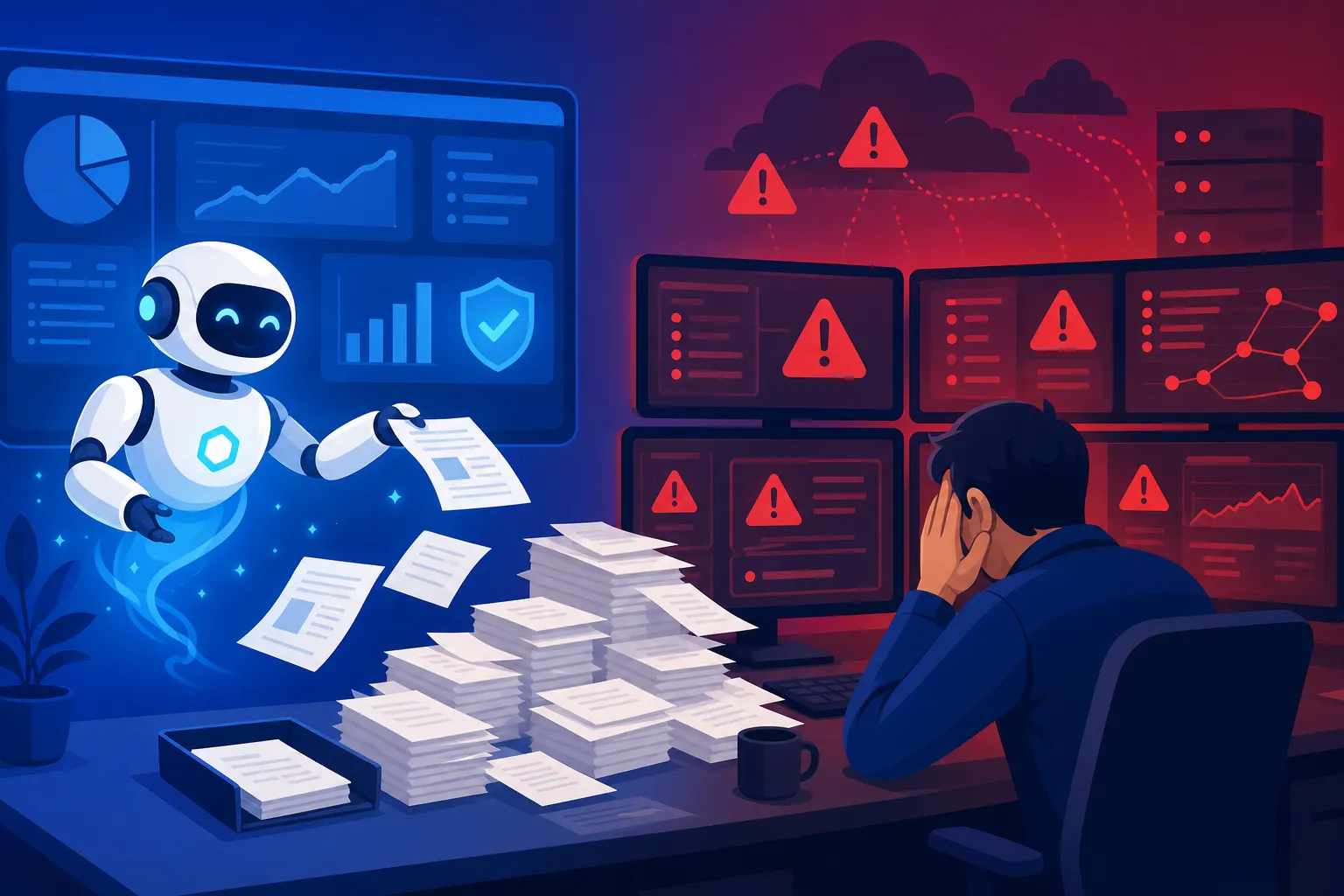 AIOpsとAIが生んだ新たな業務負担を示すイラスト