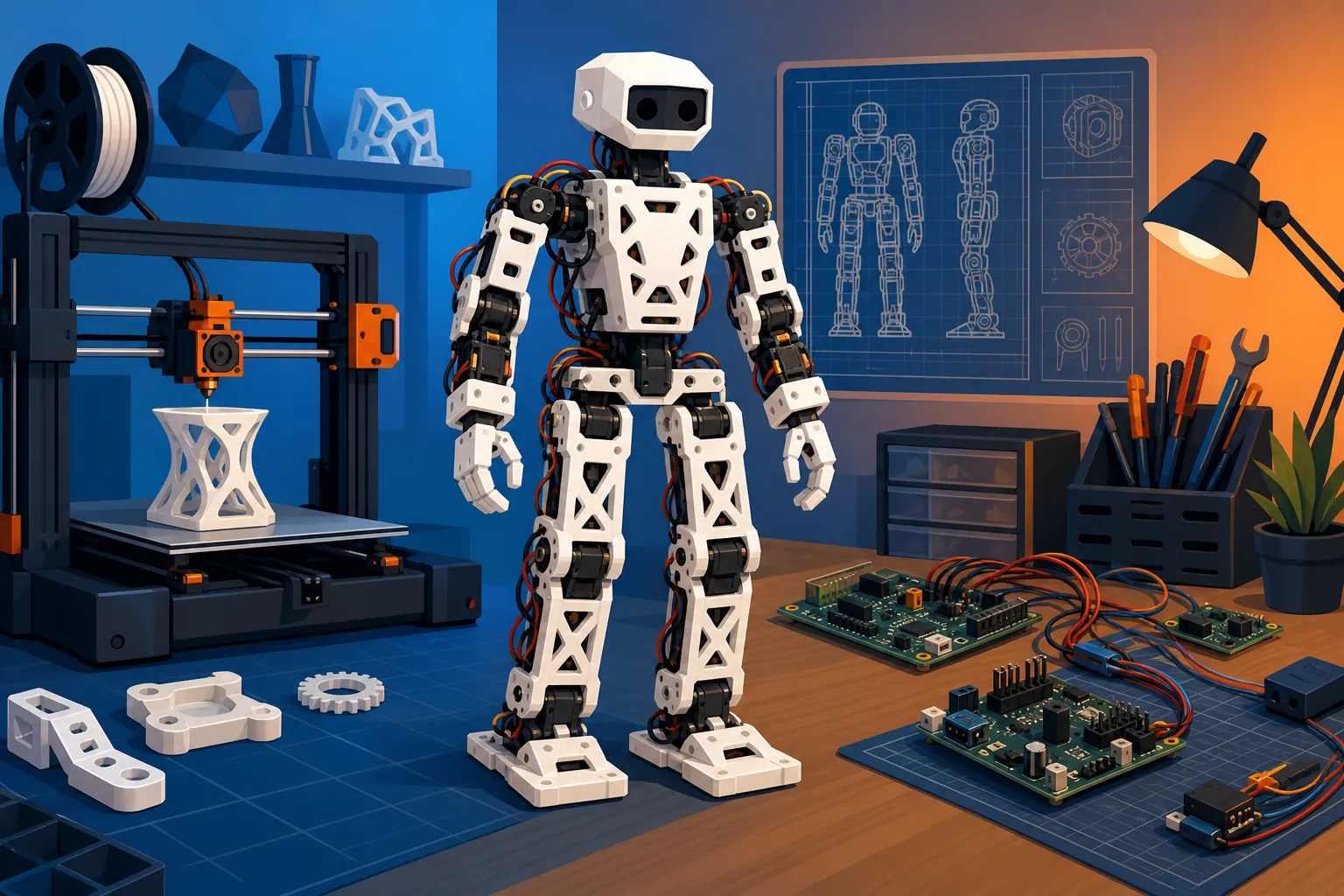 3Dプリント部品で構成されたヒューマノイドロボットとワークショップ