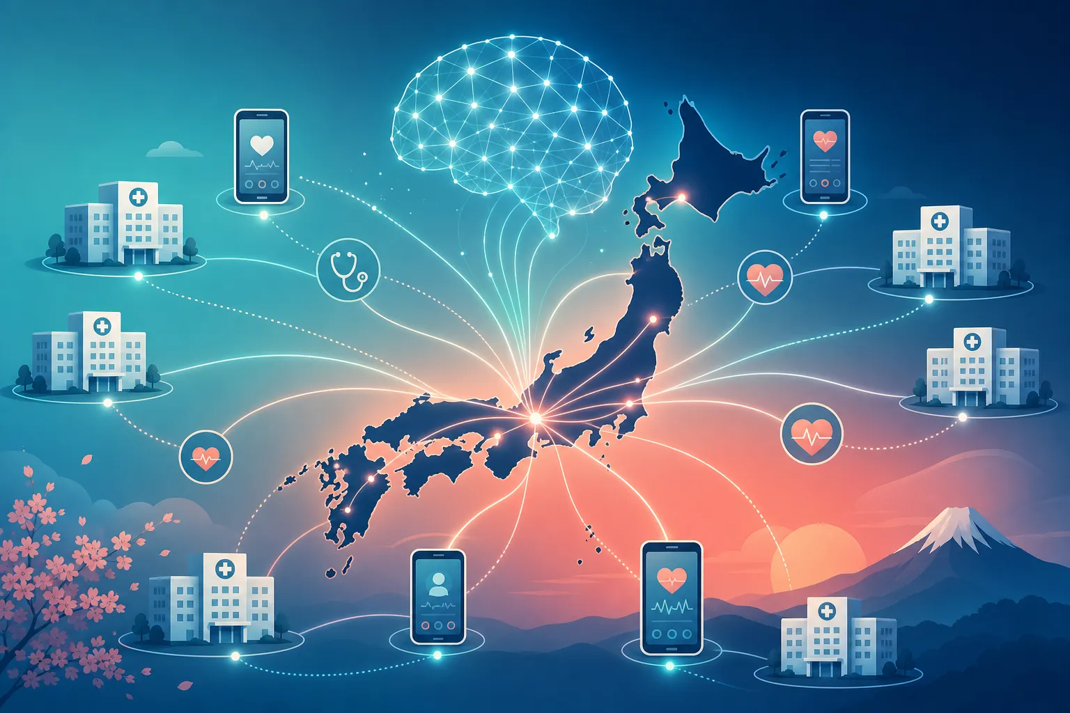 日本列島に医療データが流れ込みAIエージェントが健康アドバイスを行うイメージ