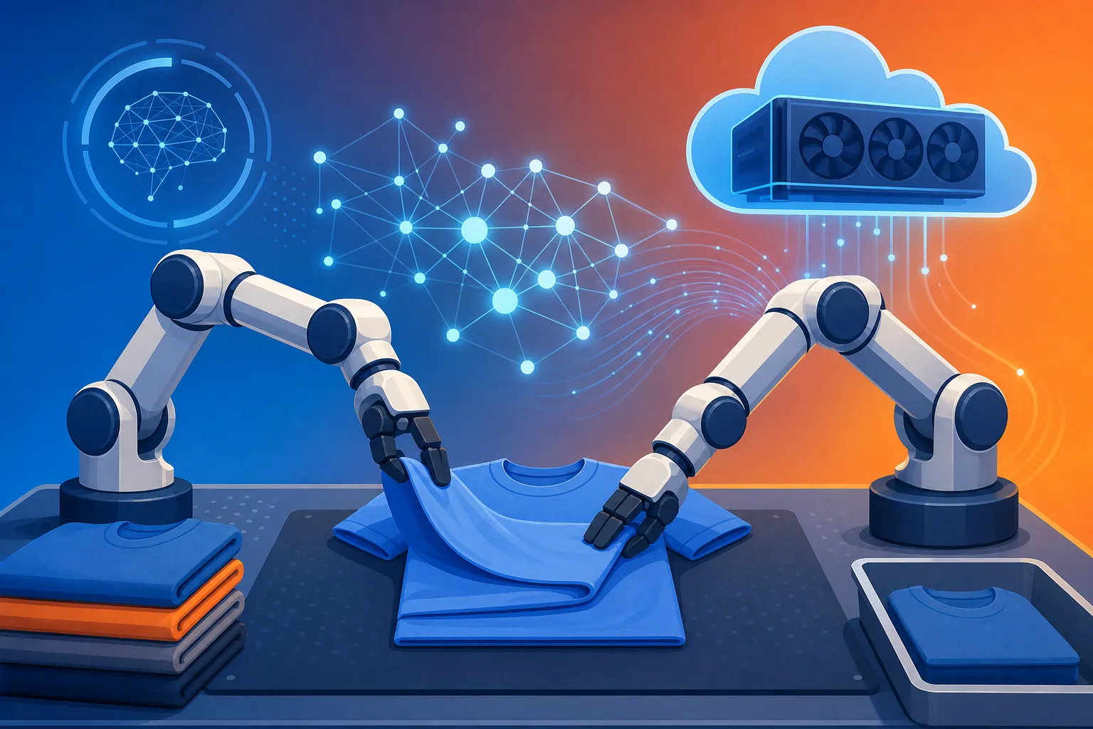 Tシャツを畳む協働ロボットとAI学習のイメージ