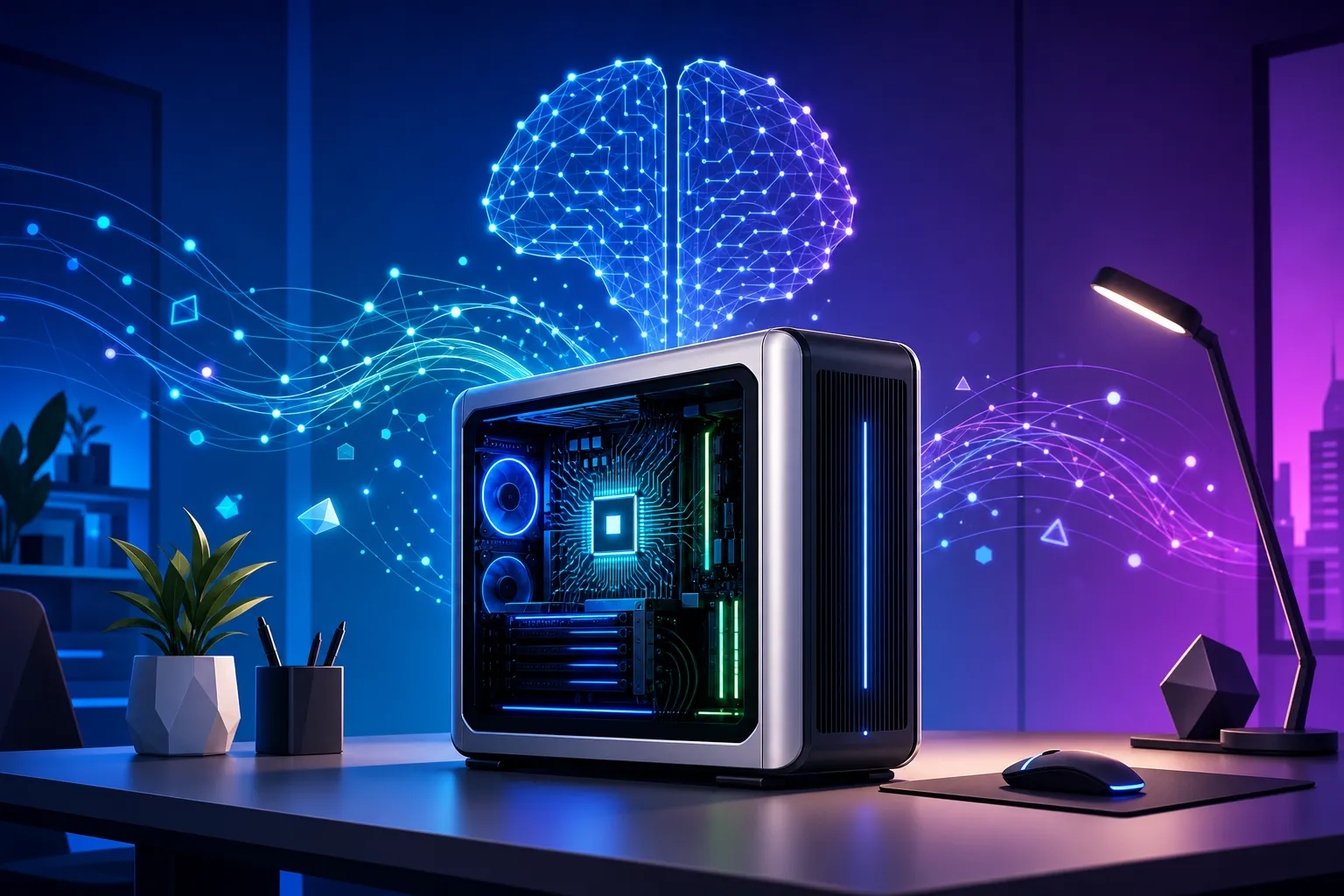 机に置けるAIスーパーコンピューターのイメージ