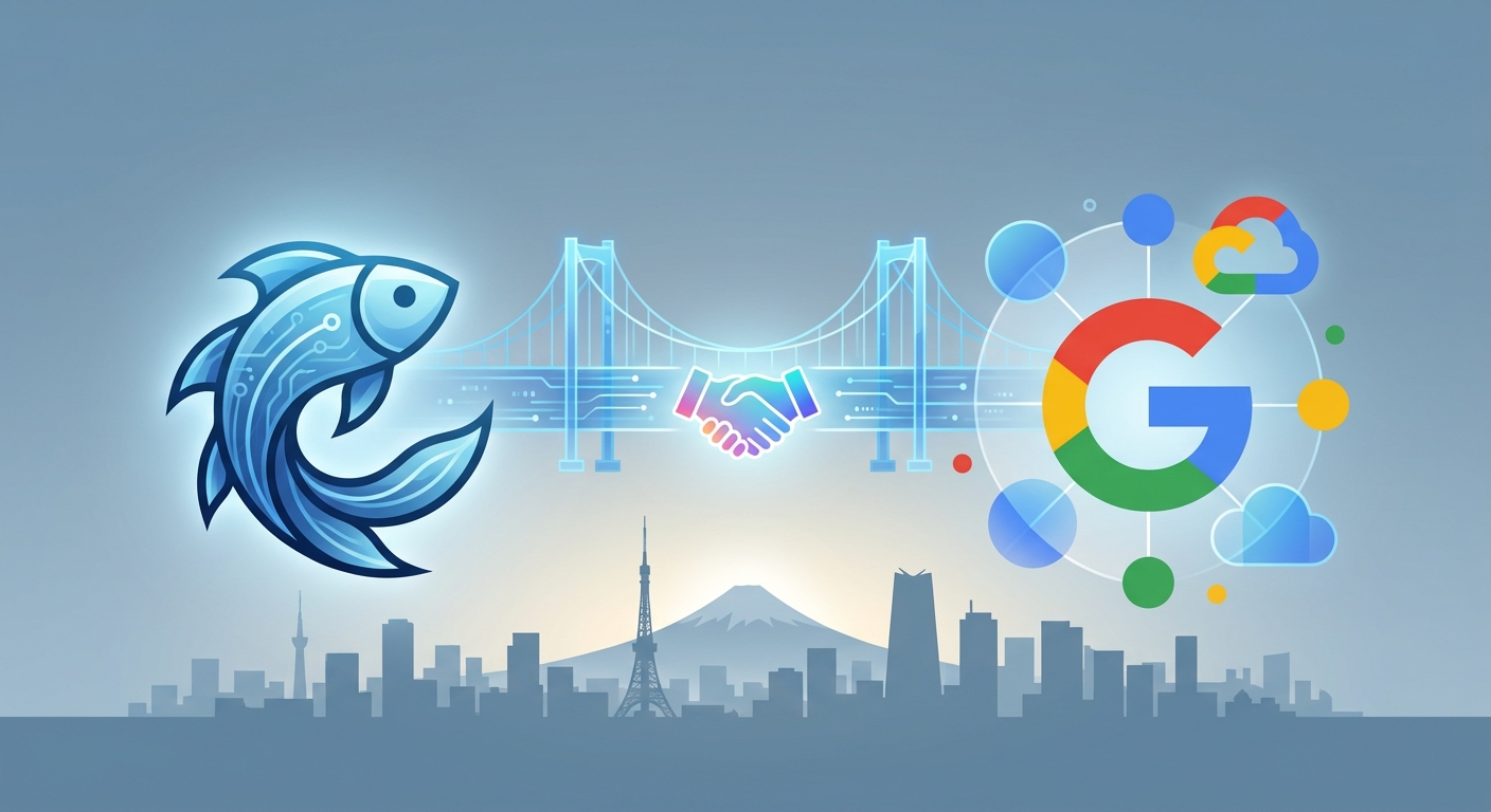 Sakana AIとGoogleの戦略的パートナーシップを表すインフォグラフィック