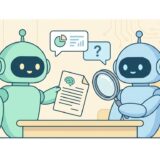 2体のAIロボットが原稿を見せ合い、片方が虫眼鏡でチェックしているイラスト