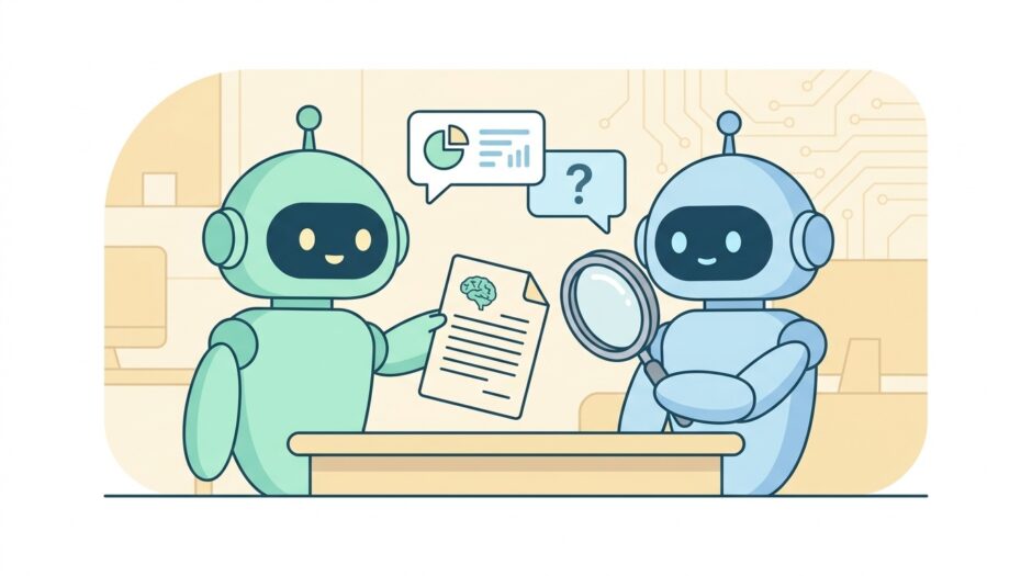 2体のAIロボットが原稿を見せ合い、片方が虫眼鏡でチェックしているイラスト