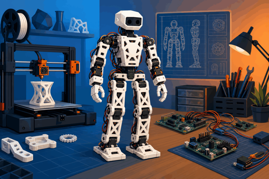 3Dプリント部品で構成されたヒューマノイドロボットとワークショップ