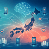 日本列島に医療データが流れ込みAIエージェントが健康アドバイスを行うイメージ