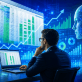 Excel Copilotで10万行のデータを3分で処理するイメージ。AIがデータ分析を支援する未来的なビジネスシーン