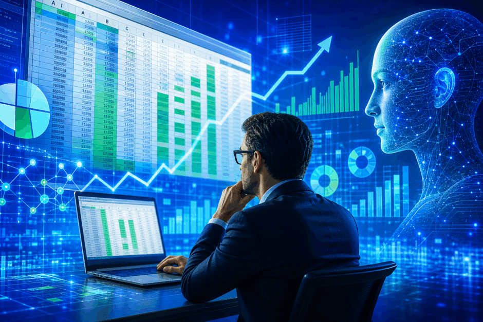 Excel Copilotで10万行のデータを3分で処理するイメージ。AIがデータ分析を支援する未来的なビジネスシーン