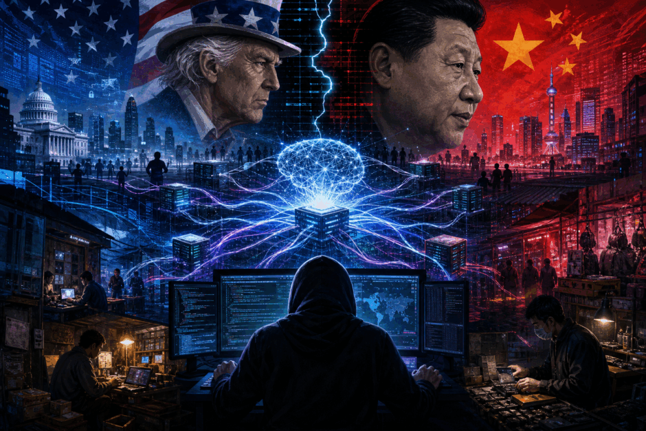 中国のグレー市場でClaude APIが公式の10%で提供される実態と米中AI覇権争いを示すイメージ