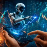 AIエージェントがスマートフォンで自動株式取引を実行するイメージ。Robinhoodが開始した金融テクノロジーの新時代を表現