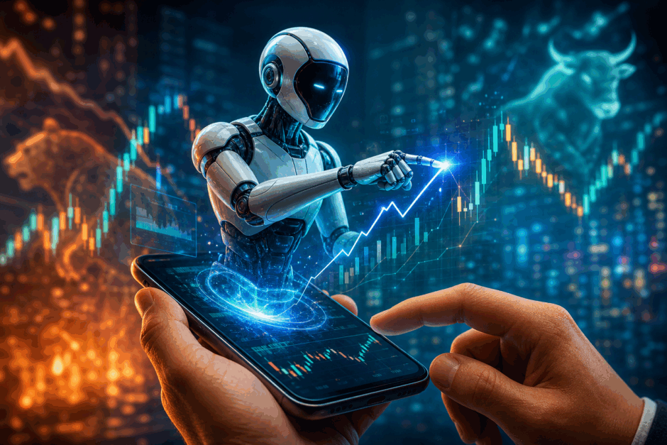 AIエージェントがスマートフォンで自動株式取引を実行するイメージ。Robinhoodが開始した金融テクノロジーの新時代を表現
