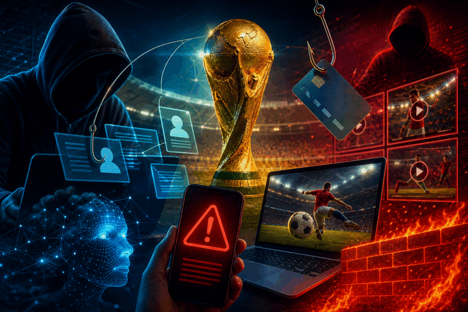 2026年サッカーW杯を標的にした生成AI詐欺の警告を示すサイバーセキュリティのイメージ