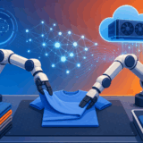 Tシャツを畳む協働ロボットとAI学習のイメージ