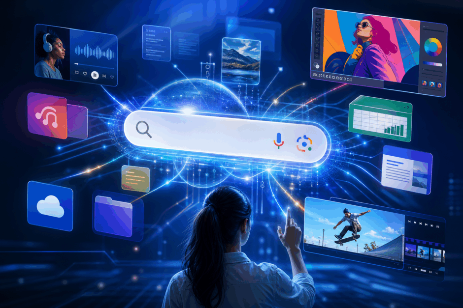 Google検索のAIモードがCanva、YouTube Music、Instacartと連携し、検索画面から直接デザイン作成やプレイリスト作成ができるようになった様子