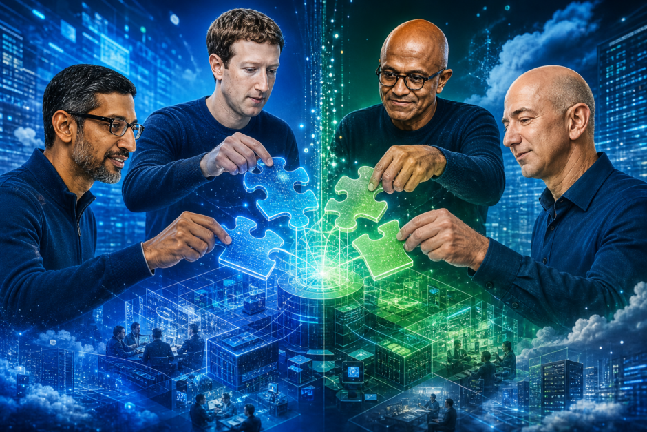 Google、OpenAI、Microsoft、AmazonがAgent Pluginsで協力し、AIエージェントの標準化を推進する様子を表すイメージ