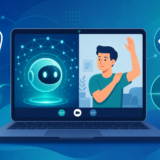 ビデオ通話で診察するAIと肩の可動域を見せる患者のイラスト