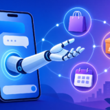 スマホの中から伸びるロボットアームが買い物や配達を代行するイメージ