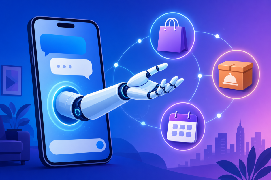 スマホの中から伸びるロボットアームが買い物や配達を代行するイメージ