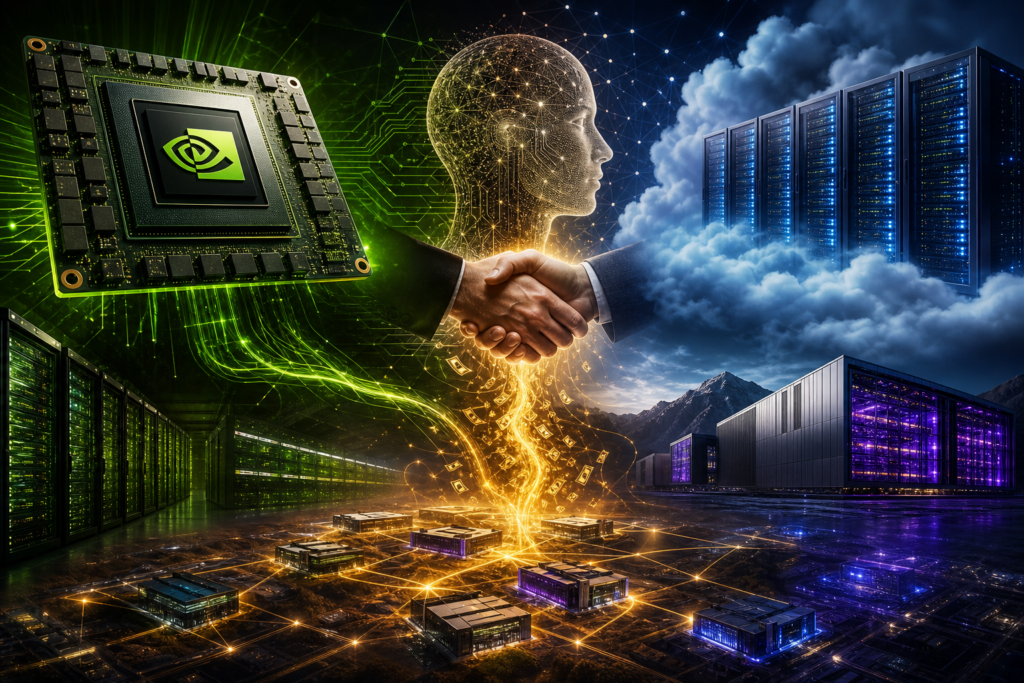 Anthropic が Lambda と350億ドルのクラウド契約を締結。NVIDIA が関わる三層構造の AI インフラ取引を示すイメージ