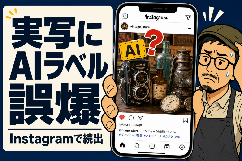Instagramの実写投稿に誤ってAIラベルが付いた様子のイラスト